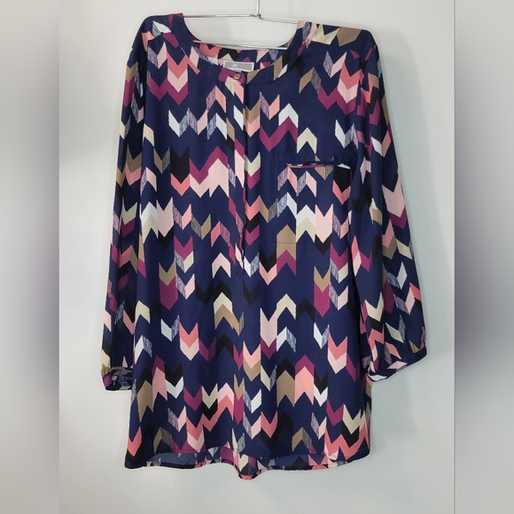 JM Collection Navy Blue White Pink Tan Geometric Arrows Blouse Shirt Top Sz XL - Picture 1 of 5